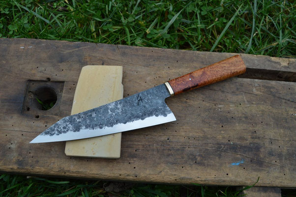 Cuisine #866, Gyuto 135Cr3, loupe d'amboine & laiton, 210mm