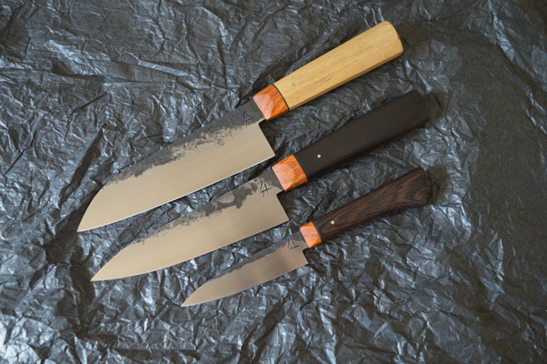 #388, Set de couteaux, santoku ébène du Laos, gyuto ébène noir & office wengé