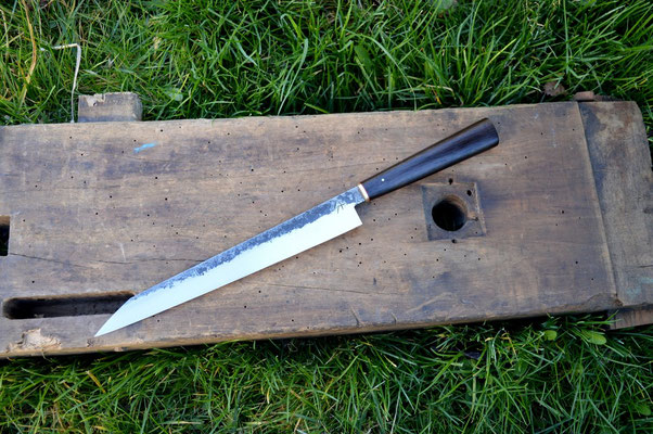 Cuisine #485, sujihiki 135Cr3, laiton & ébène du Sahel, 275mm