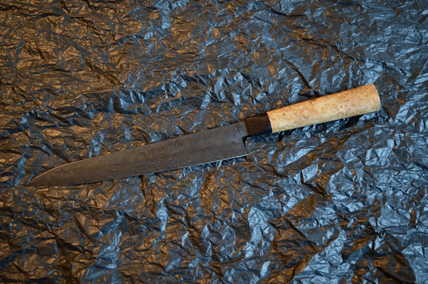 #421, yanagiba droitier 135Cr3, ébène du Gabon et loupe d'érable, 240mm