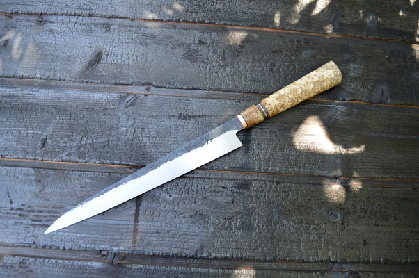 Cuisine 808, Sujihiki 135Cr3, loupe de frêne noir, cuivre & FatCarbon cuivre, 280mm