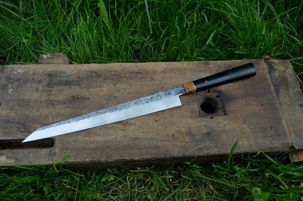 Cuisine #506, sujihiki 135Cr3, loupe d'érable & ébène noir, 320mm