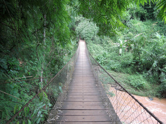 Hängebrücke zu Füßen eines Wasserfalls