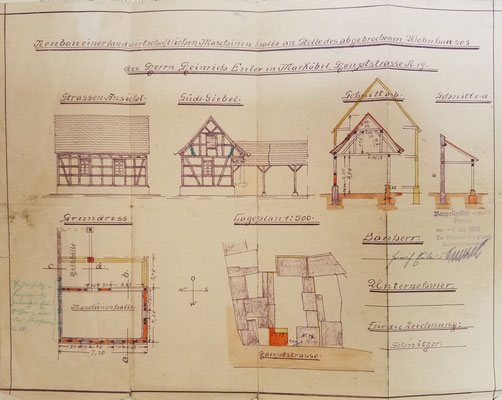 Hauptstraße 19: Februar 1938 - Neubau Maschinenhalle anstelle des abgebrochenen Wohnhauses Hauptstr. 17 von Heinrich Euler