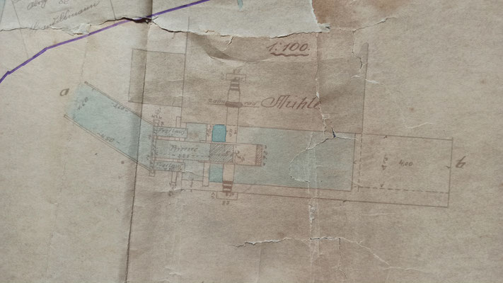 Detailzeichnung Mühlrad mit Lagerwelle von oben, Anlage zum Antrag Wasserrecht von 1926