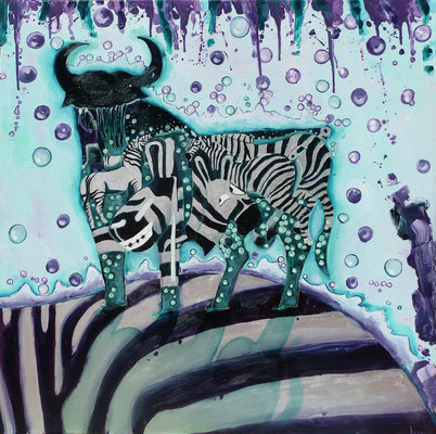 Zebra Move 2013 Oil,silver on canvas 80x80cm