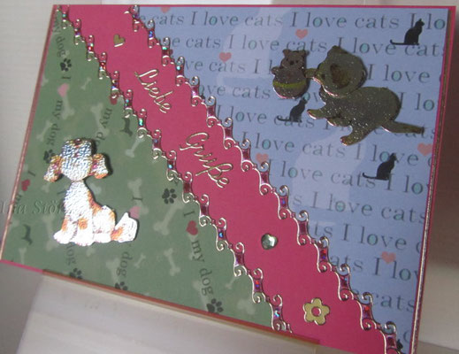 TK13 - "Liebe Grüße" mit Metallic-Motiven Hund und Katze auf speziellem Hintergrundpapier