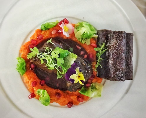 Game with cocoa gnocchi and carrot-orange mash_restauracia pod hradom