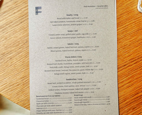 The back side of menu card in Fach bistro Bratislava