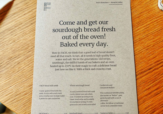 The front of menu card in Fach bistro Bratislava
