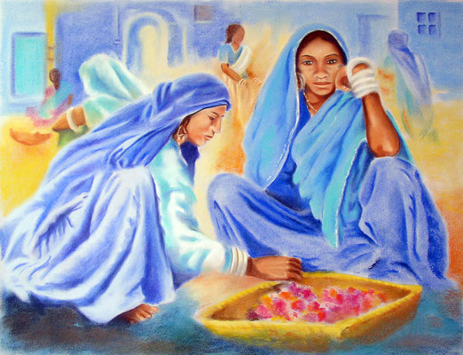 Tableau peinture huile sur panneau bois Inde femmes marché