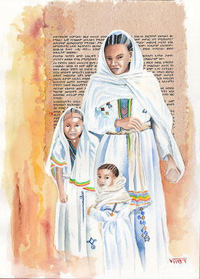 TIMKET aquarelle31X41 Ethiopie: Dans leur plus beaux atours, les familles fêtent l’épiphanie, principale fête religieuse de l'Ethiopie orthodoxe