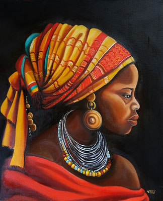 peinture tableau huile sur toile portrait femme turban rouge  Afrique