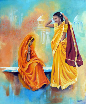 artiste peintre tableau huile sur toile femmes indiennes