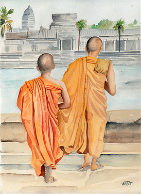 Tableau aquarelle moines Angkor Asie Cambodge