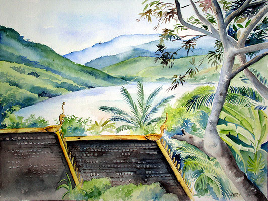 Tableau aquarelle Mékong Asie Laos