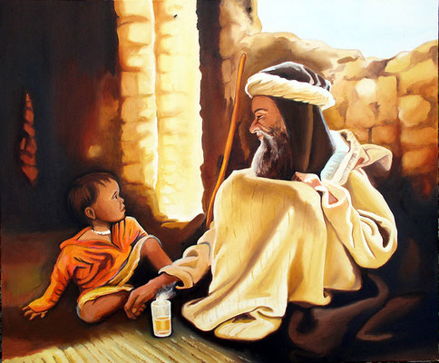 artiste peintre tableau huile sur toile vieil homme  Maroc