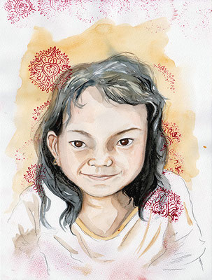 Tableau aquarelle enfant Asie Cambodge