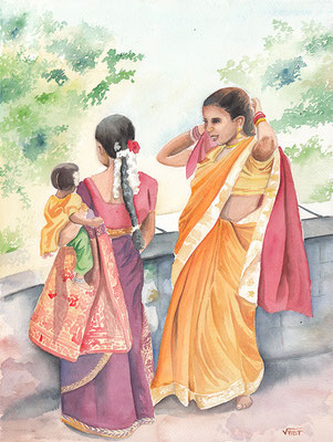 Tableau peinture pastel sec Inde groupe de femmes Karnataka