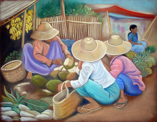 Tableau pastel marché Asie  Birmanie