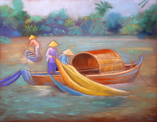 Tableau pastel pêcheurs Mékong  Asie Vietnam
