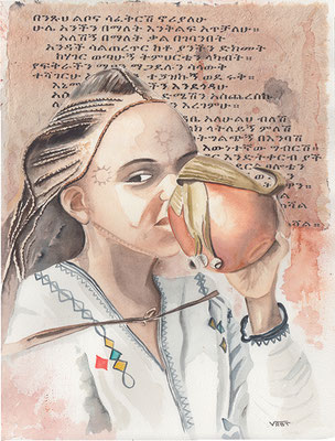 ABYSSINIE   aquarelle31X41 Ethiopie: fillette à la fête du Timket de Gondar  