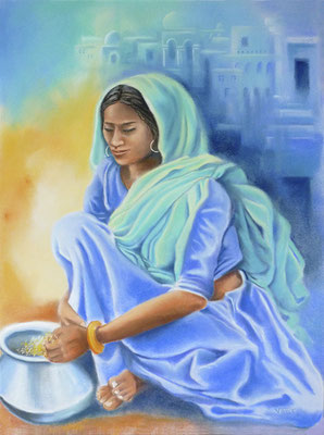 Tableau peinture pastel sec Inde femme bleue