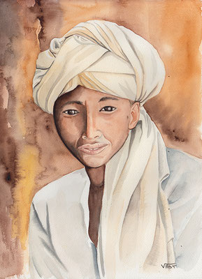 GHERALTA aquarelle31X41 Ethiopie: portrait d'un jeune prêtre novice rencontré dans le massif du Gheralta