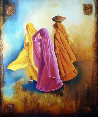 artiste peintre tableau huile sur toile femmes indiennes