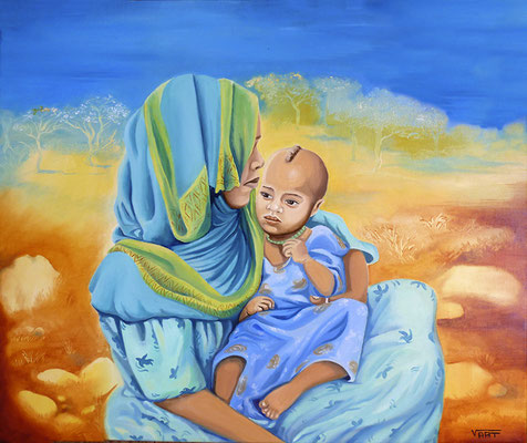 AMHARA -huile sur toile 55X46- Ethiopie: femme et son enfant dans le massif du Simien