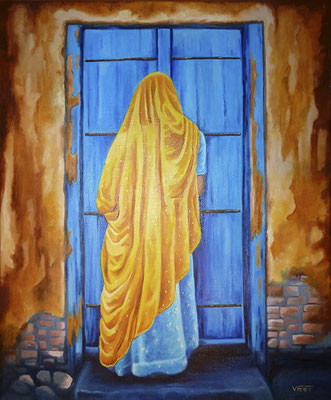 artiste peintre tableau huile sur toile femme Inde sari jaune