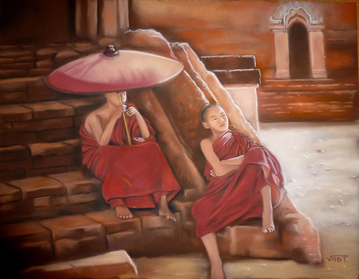 Tableau pastel moines Bagan Asie Birmanie