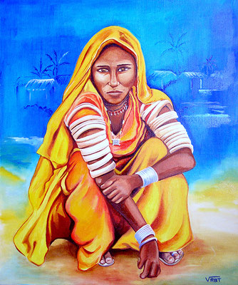 artiste peintre tableau huile sur toile femme rajasthan