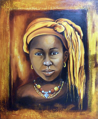 artiste peintre huile sur toile portrait de femme foulard jaune Afrique
