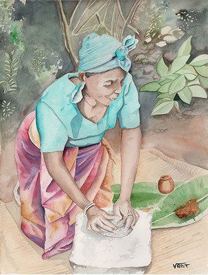 Rwanda- aquarelle 31X41-Confection de la bière de banane. 