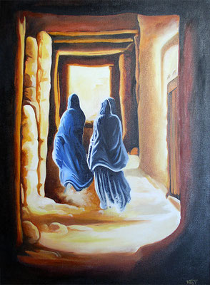 artiste peintre tableau huile sur toile femmes Maroc dans ksar 