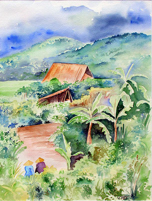 Tableau aquarelle village Asie Vietnam