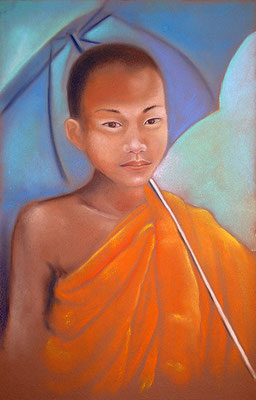 Tableau pastel  portrait moine Asie Laos