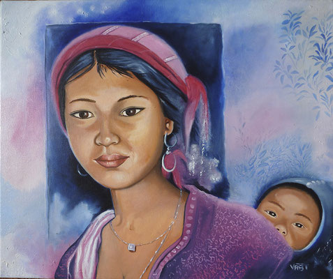 Tableau huile sur toile  portrait femme et son enfant  Asie Laos