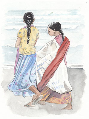 carnet de voyage Inde aquarelle  femmes sur la plage