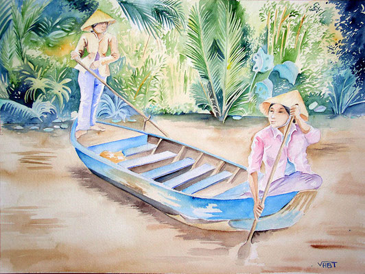 Barque bleue -Vietnam - aquarelle 31x41-