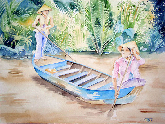 Tableau aquarelle Mékong Asie Vietnam