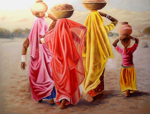 Tableau peinture pastel sec Inde femmes Rajasthan
