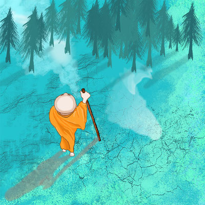 illustration jeunesse asie moine bleu