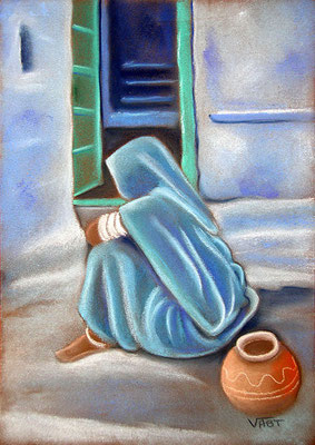 Tableau peinture pastel sec Inde femme jarre 