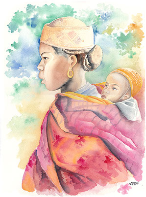  artiste peintre tableau aquarelle voyage portrait femme enfant madagascar