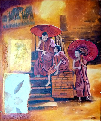 artiste peintre tableau huile sur toile moines Birmanie