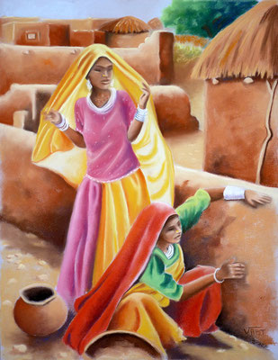 Tableau peinture pastel sec Inde femmes Rajasthan