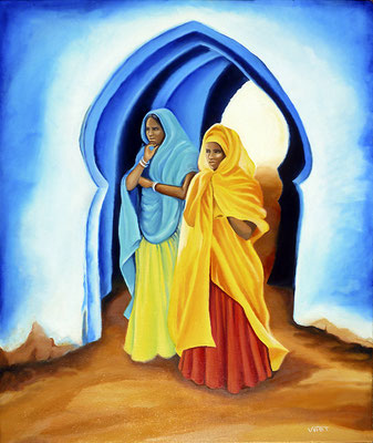 artiste peintre tableau huile sur toile femmes médina  Maroc