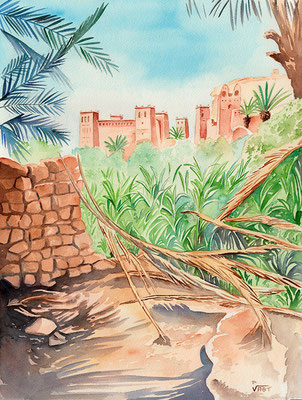 PALMIERS aquarelle 31X41cm - Kasbah des Aït Benhaddou près de Ouarzazate.